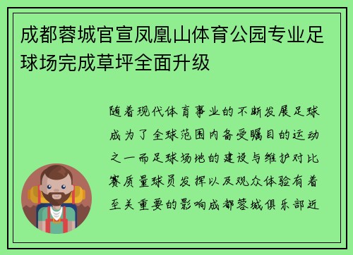成都蓉城官宣凤凰山体育公园专业足球场完成草坪全面升级 成都蓉城官宣凤凰山体育公园专业足球场完成草坪全面升级